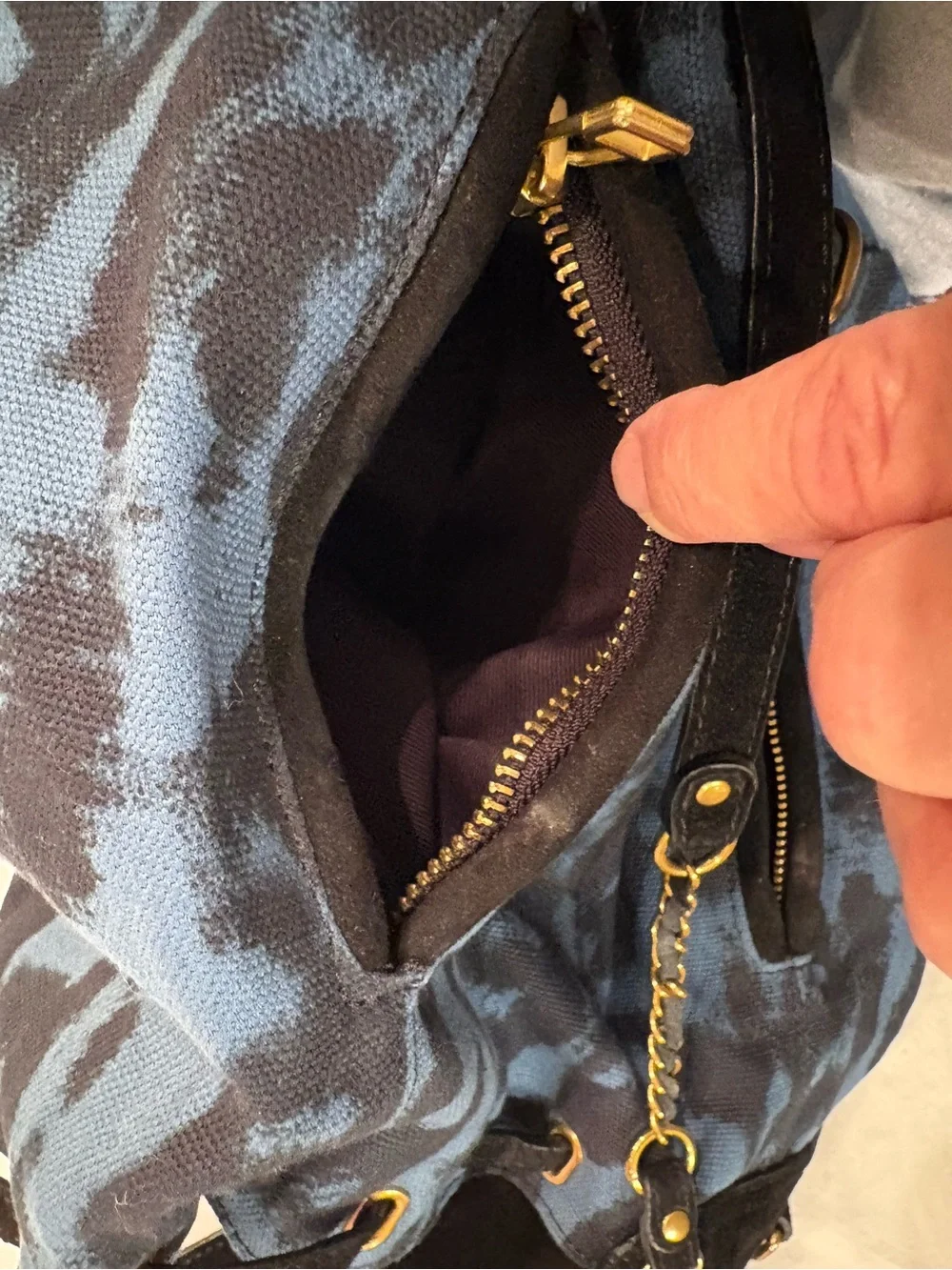 Jerome Dreyfuss Black Suede and Blue Leopard-Print Backpack with Gold accents